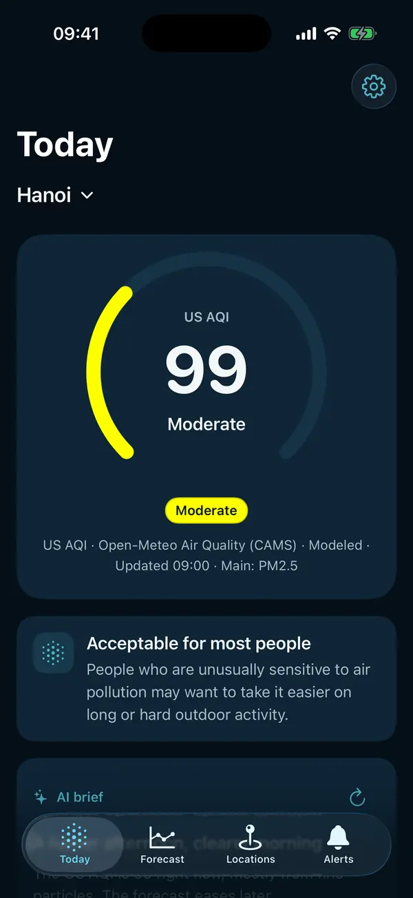 Today: AQI with its source and update time